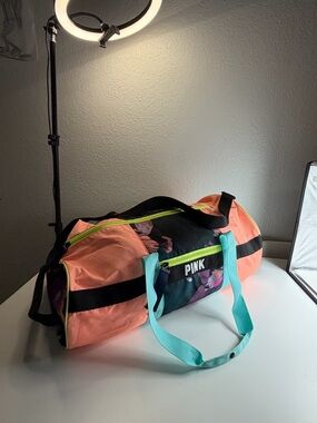 PINK Victoria's Secret Coral & Black Floral Travel Duffle with Teal Handles